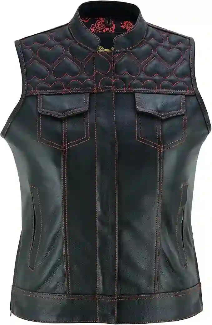 Leatherick Chaleco de cuero negro para motocicleta para mujer Forro tradicional de satén Paisley con costuras de corazón rosa