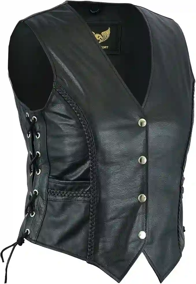 Leatherick Chaleco estilo motorista trenzado de cuero para mujer para chaqueta/chaleco sin mangas casual y de moda
