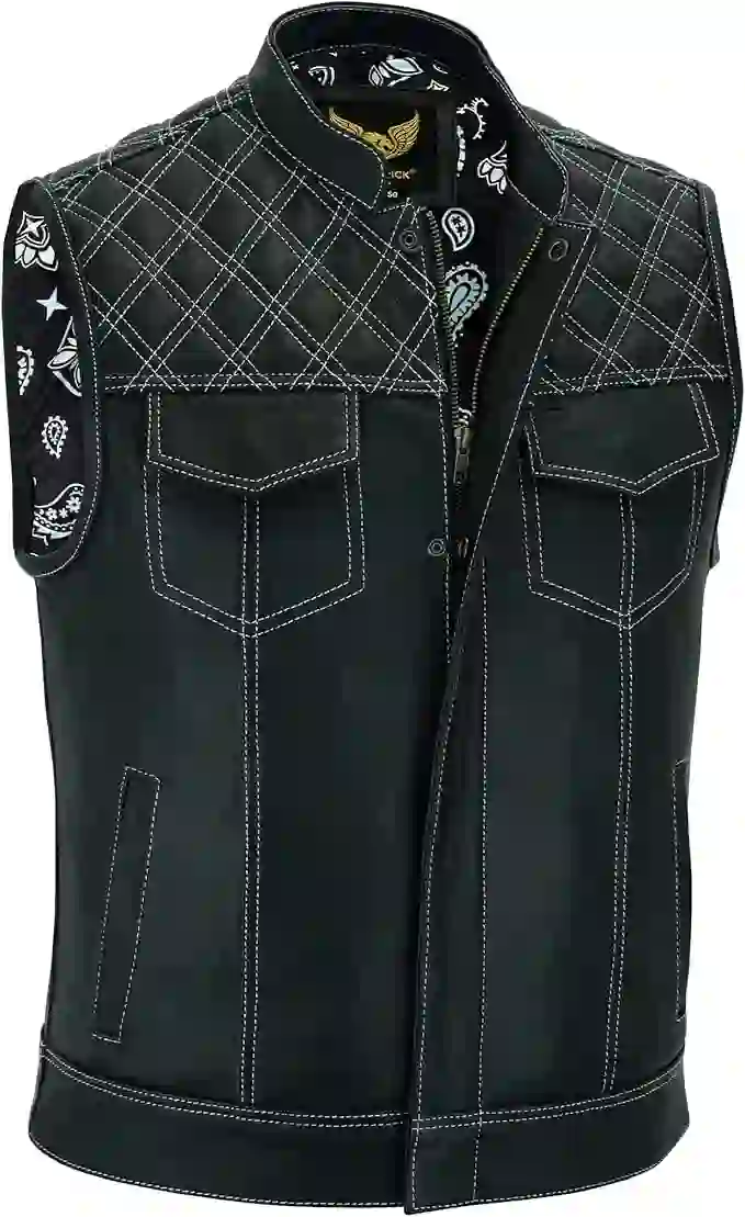 Leatherick Groove Club - Chaleco de cuero negro para hombre, diseño tradicional de cachemira, con costuras de rombos blancos