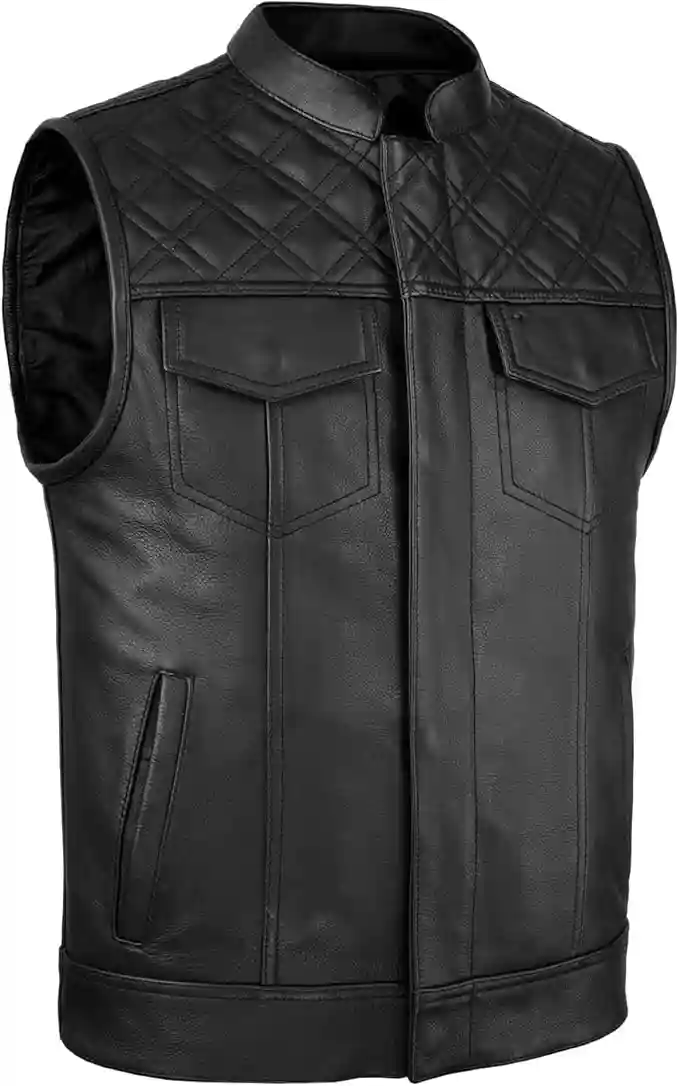 Leatherick Groove Club SOA estilo Chaleco de motocicleta de cuero genuino negro para hombre - Chaleco de transporte oculto con costuras de diamante