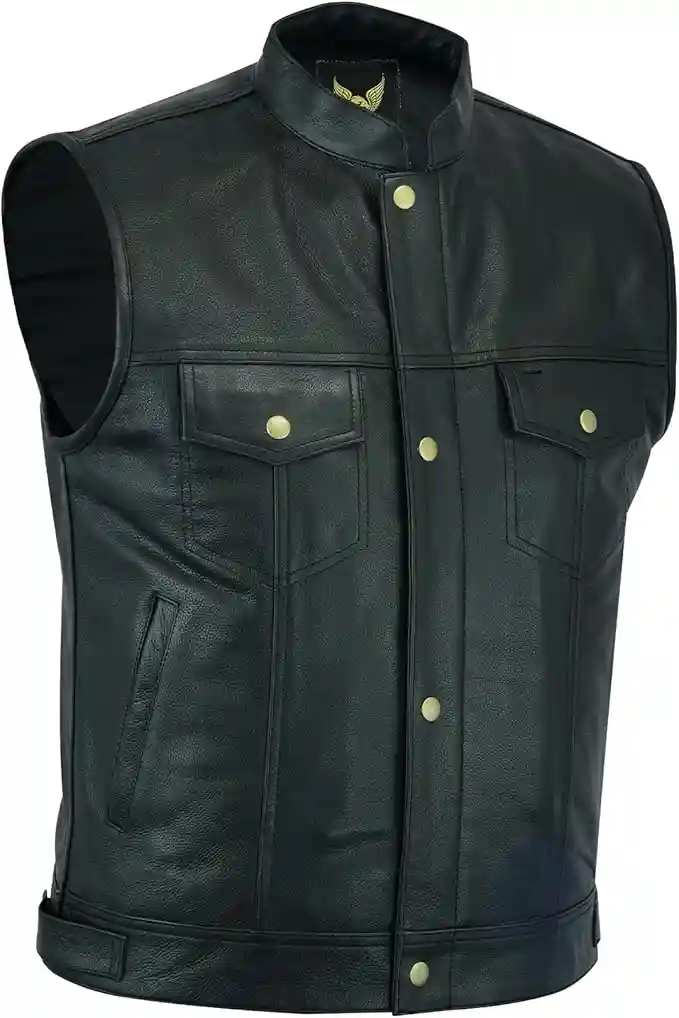 Leatherick SOA Chaleco de motociclista de cuero genuino para hombre, botones abiertos para montar y corte de moda estilo chaleco, con bolsillos profundos