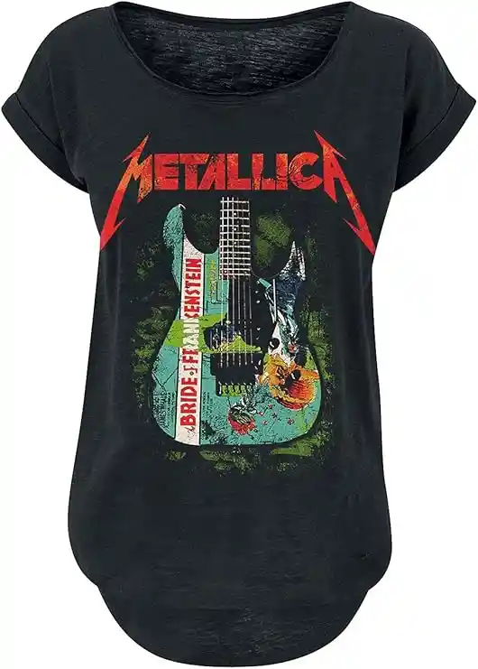 Metallica Bride of Frankenstein Guitar Mujer Camiseta Negro Vorne Bedruckt Ancho