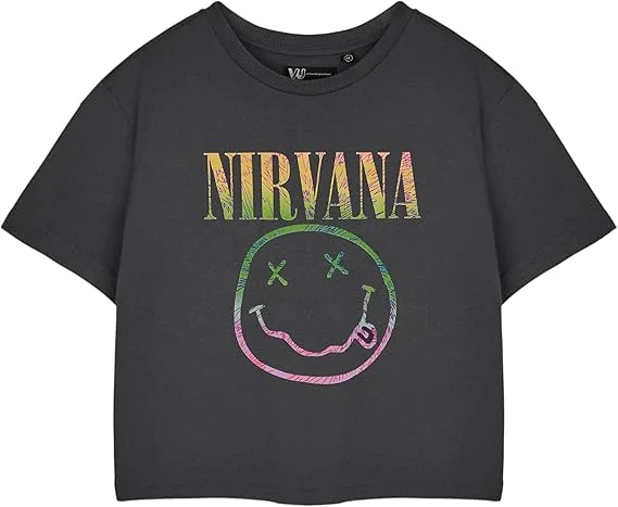 Nirvana Camiseta corta gris de manga corta para mujer, camiseta corta con logotipo de arco iris, ropa vintage de la banda Grunge, regalo de mercancía musical para mujer