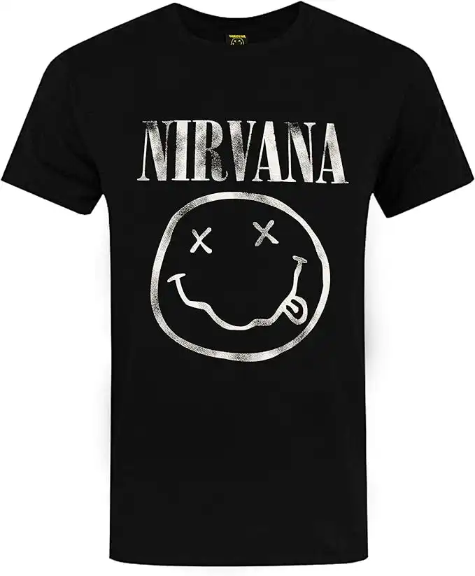 Nirvana Camiseta para Hombre | Camiseta gráfica de Manga Corta para Adultos en Negro | Top de Ropa con Estampado de Logotipo de Banda desgastada clásica Grunge | Regalo de mercancía de Banda de Rock