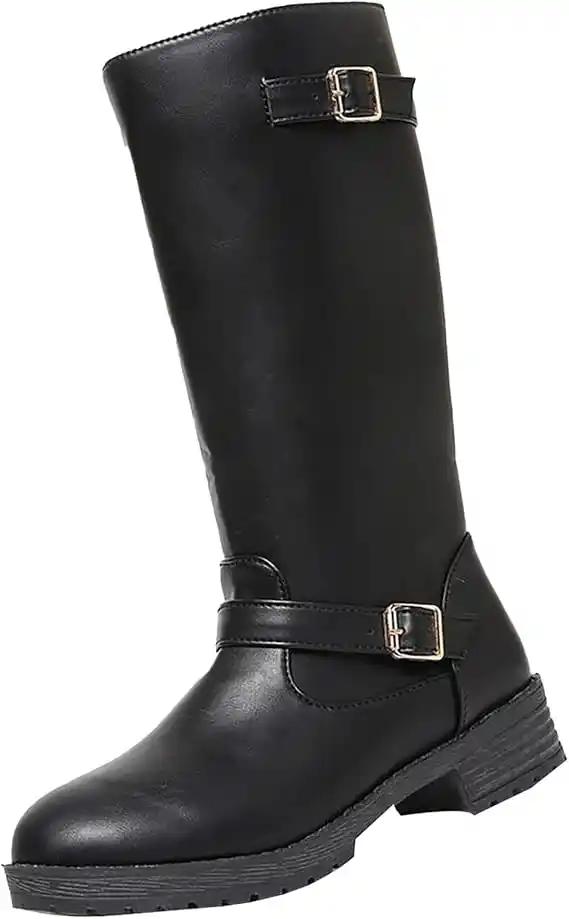 Botas de equitación para mujer de cuero, anchas, hasta la rodilla, con hebilla, botas largas, botas de cuero góticas, con punta redonda, botas occidentales, botas de moto clásicas