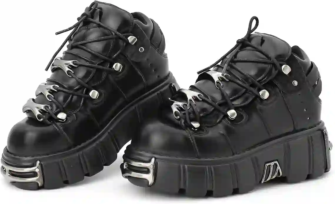 Botas góticas con plataforma de metal para mujer, estilo punk, con cordones, botas de combate góticas negras, botas de motociclista