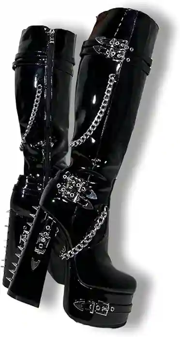 Botas góticas sexis de tacón alto con plataforma gruesa hasta la rodilla, con remaches de cadena plateados, estilo gótico, punk, Y2K, talla grande, pantorrilla ancha
