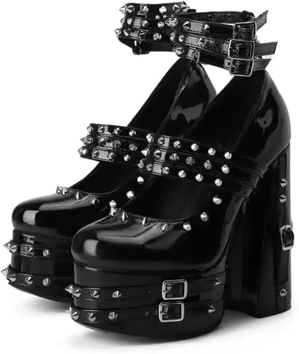 Botines góticos de tacón alto con plataforma gruesa, remaches de tiras de charol negro, botas punk góticas Y2K para chicas calientes, zapatos de gran tamaño para mujeres y hombres