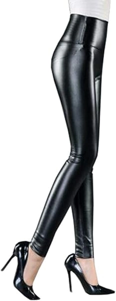 Cayuan Leggins de PU Cuero Mujeres Cintura Alta Delgados Elástico Pantalón Sexy Imitación Cuero Pantalones