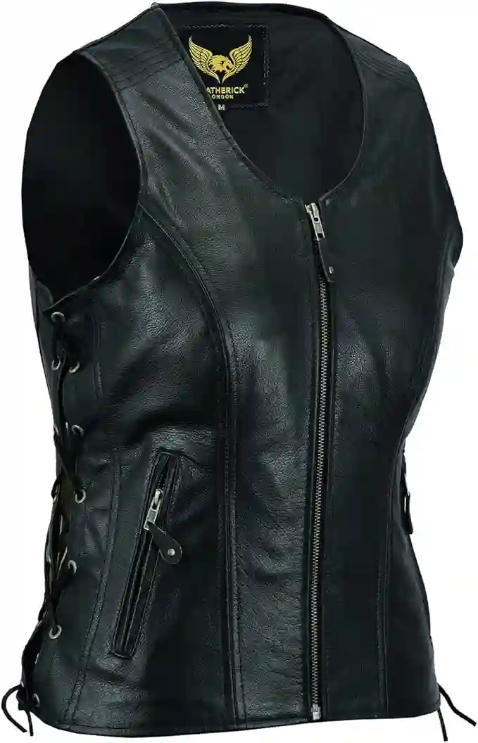 Chaleco de cuero para mujer Chaqueta sin mangas de cuero de búfalo de grano superior genuino negro/Chaleco
