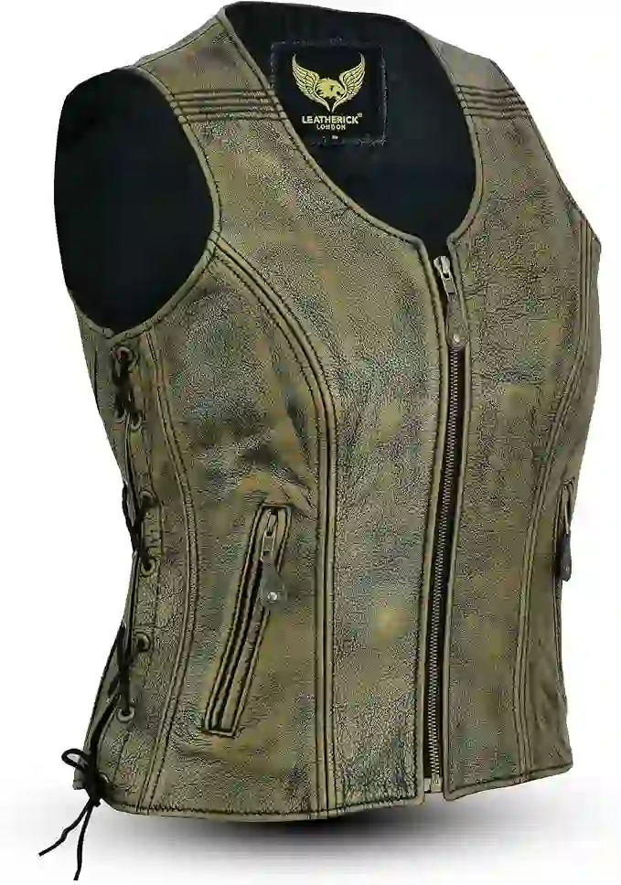 Chaleco de cuero vintage para mujer, chaqueta/chaleco sin mangas de cuero de búfalo de grano superior genuino marrón envejecido