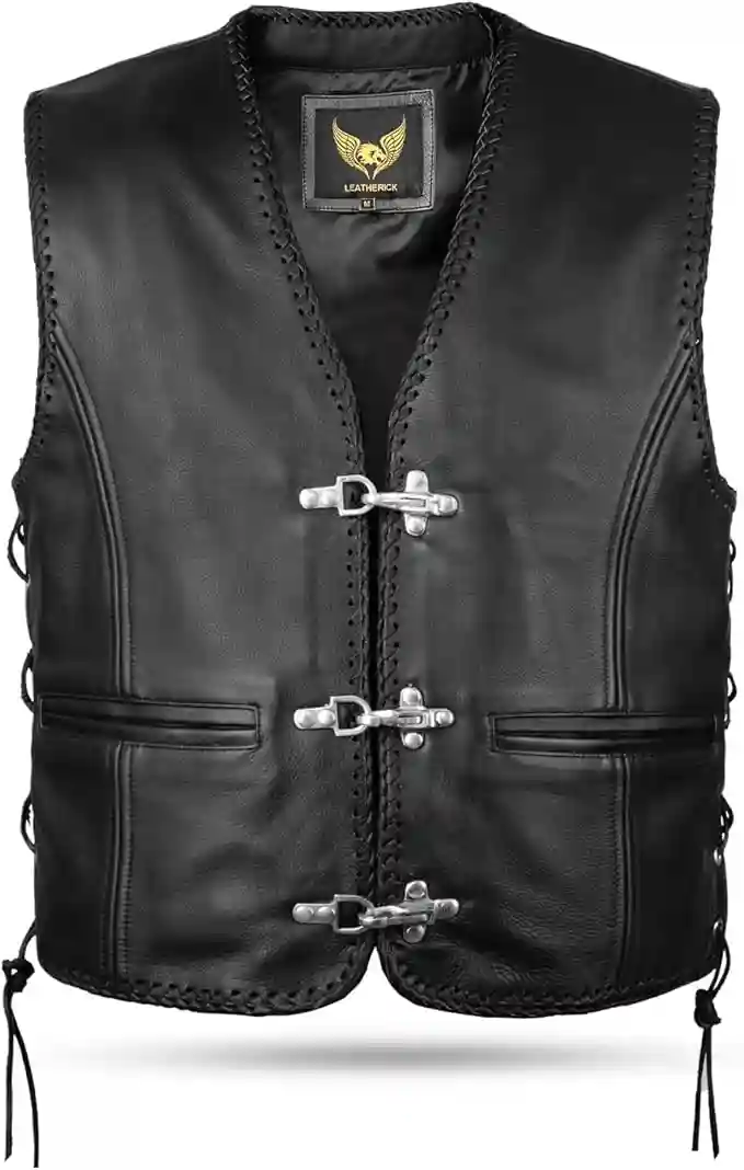 Leatherick Chaleco de motociclista de cuero genuino negro Chaleco de motociclista trenzado con hebilla de anzuelo