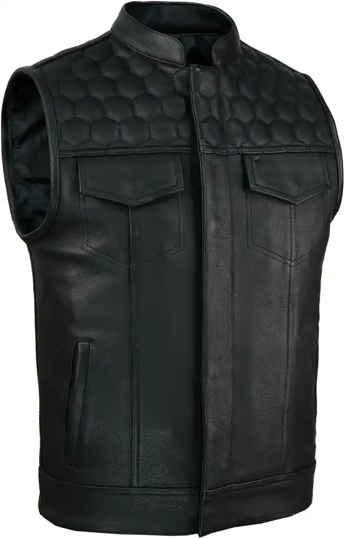 Leatherick Honeycomb SOA Estilo Chaleco de motocicleta de cuero genuino negro para hombres con bolsillos de transporte ocultos