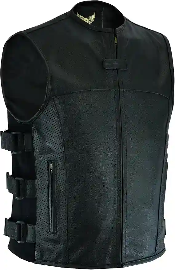 Leatherick Warrior - Chaleco táctico de piel para hombre con bolsillos para pistola y punción en solapas de bolsillo