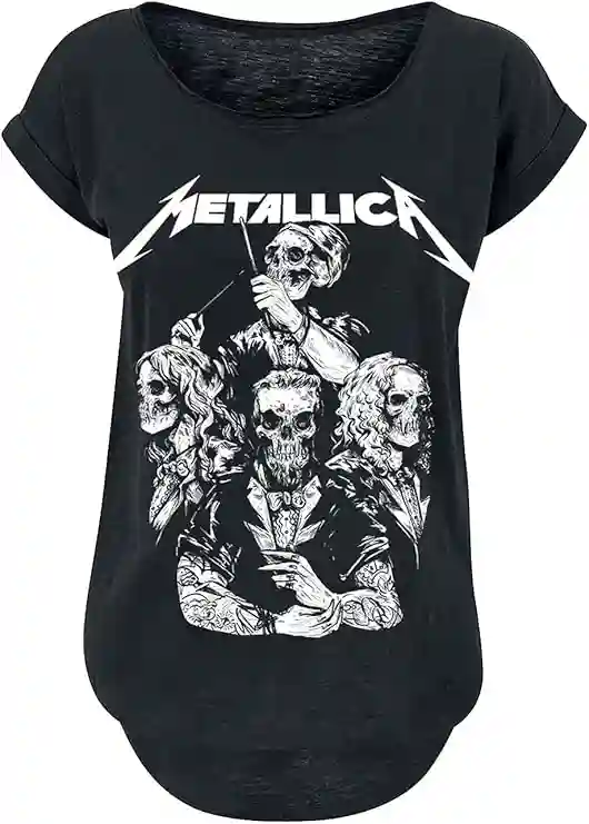 Metallica S&M2 Skull Tux Mujer Camiseta Negro Vorne Bedruckt, Hinten Bedruckt Ancho
