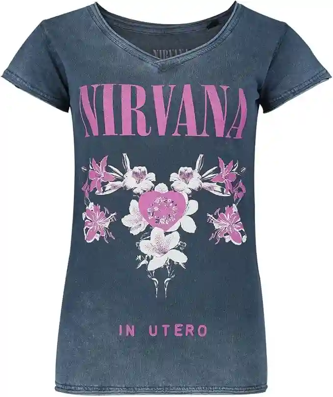 Nirvana Flowers Mujer Camiseta Azul Marino Vorne Bedruckt, Hinten Bedruckt Regular