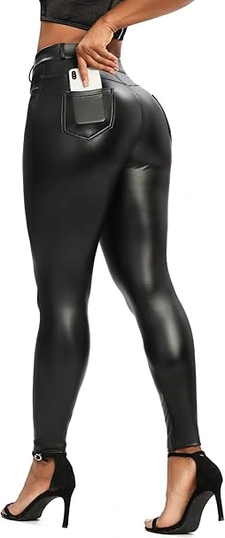 RIOJOY Leggings de Piel de Imitación para Mujer PU Cuero Cintura Alta Push Up Skinny Elásticos Pantalones