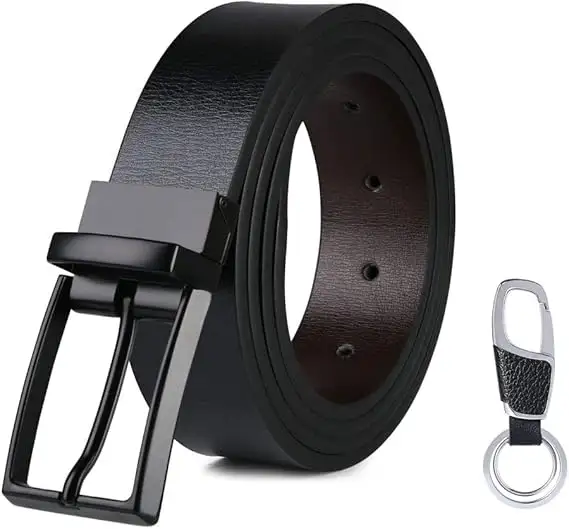 flintronic Cinturón Cuero Hombre, 3.5 * 130cm Cinturón con Reversible Correa de Hebilla de Pin Para Jeans, Trajes, Ropa Informal y Formal, Negro y Marrón(con Llavero y Caja de Regalo)
