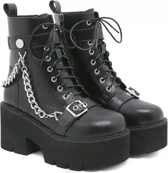 Botas de plataforma punk negras con cordones gruesos para mujer, tacón alto gótico, puntera redonda, tobillo de combate, botas góticas con cremallera lateral emo