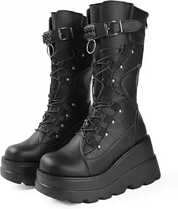 Botas góticas de plataforma de rodilla alta con cuña de tacón grueso, botas góticas punk a media pantorrilla con cordones y hebillas, botas de combate para mujer, Black2, 39 EU