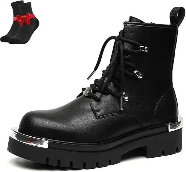 Botas de combate de cuero con plataforma y cordones for hombre, botines góticos punk, botas de plataforma de cuero, altura aumentada, antideslizantes